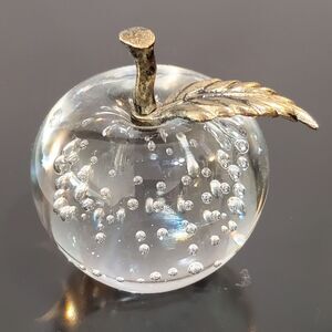 Silvestri Apple Brass Stem Clear Art Glass Paperweight Controlled Bubbles EUC